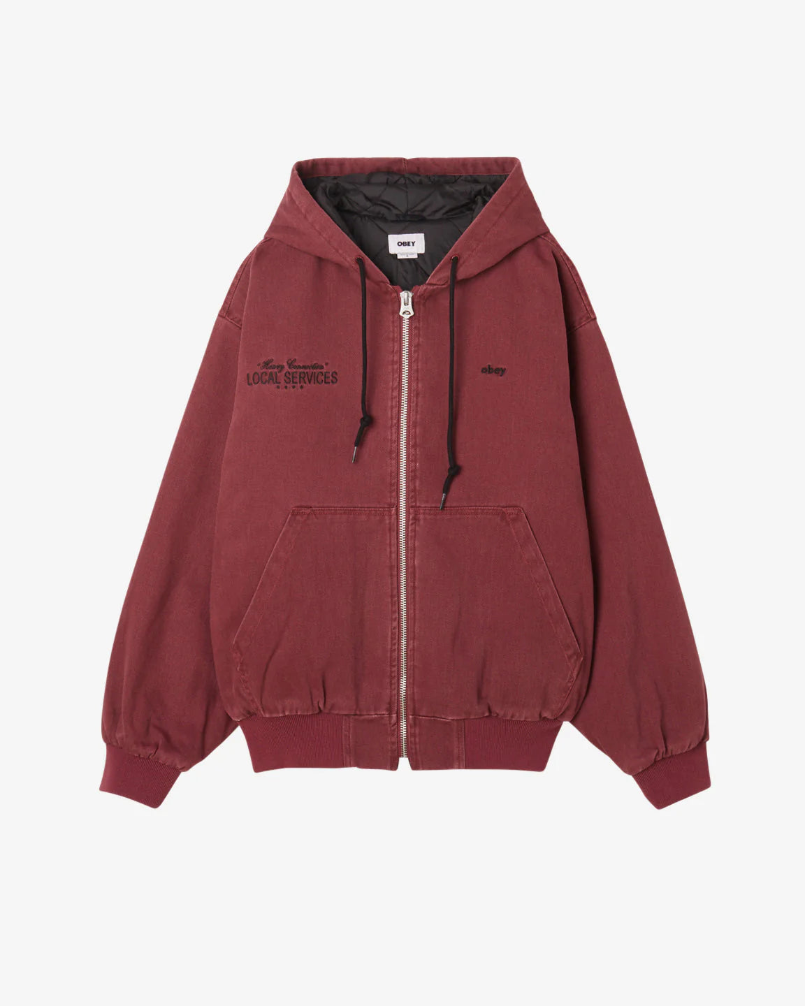 OBEY - LOCAL SERVICES ZIP UP HOODED JACKET - WINE FADED WASH