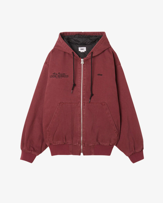OBEY - LOCAL SERVICES ZIP UP HOODED JACKET - WINE FADED WASH