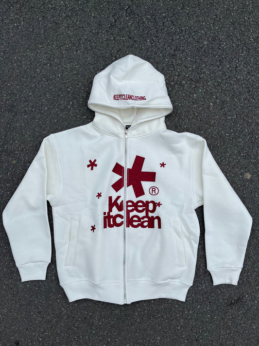 KEEP IT CLEAN - FULL ZIPPER HOOD - CREAM/BURGUNDY