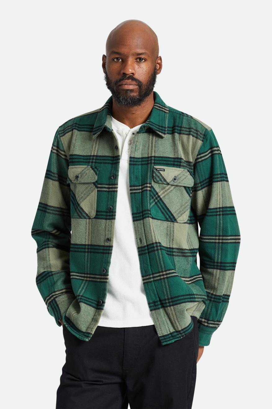 BRIXTON - BOWERY HEAVY WEIGHT L/S FLANNEL - PINE NEEDLE/OLIVE SURPLUS