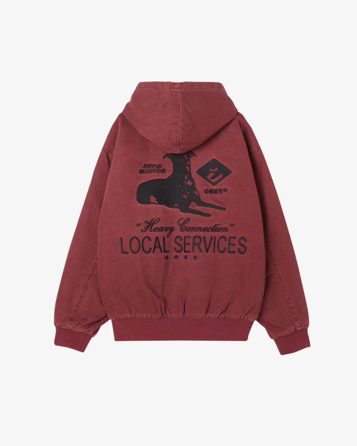 OBEY - LOCAL SERVICES ZIP UP HOODED JACKET - WINE FADED WASH