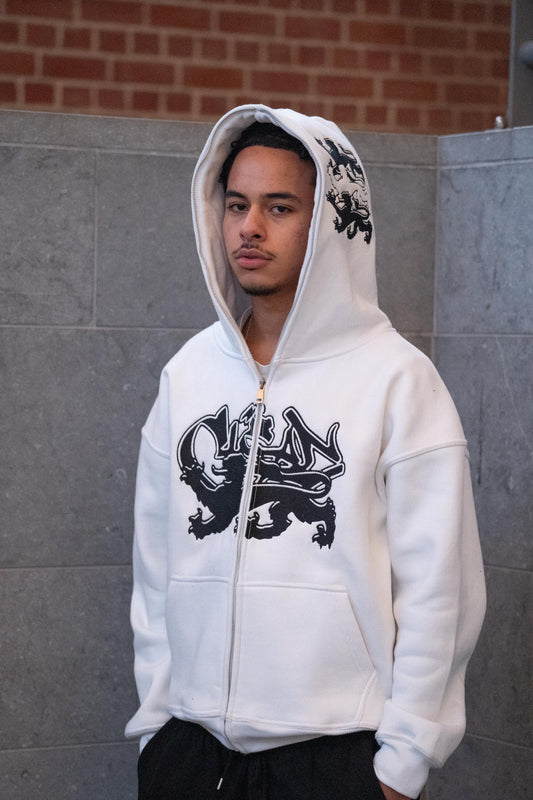 KEEP IT CLEAN - FEARED LION FULL ZIP HOOD - WHITE/BLACK