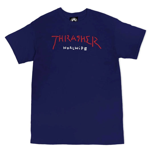 THRASHER - WORDWIDE TEE - NAVY/RED