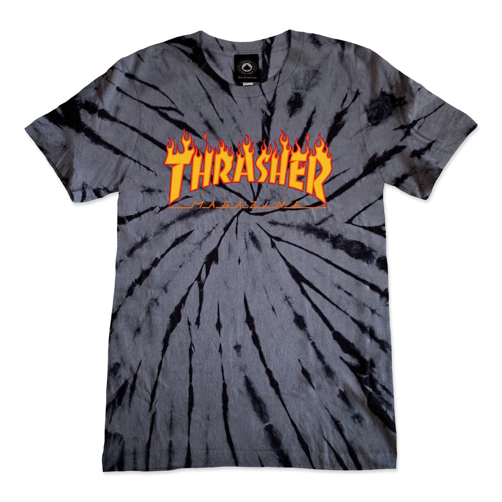 THRASHER - GIRLS FLAME LOGO TIE DYE TEE - BLACK/GREY