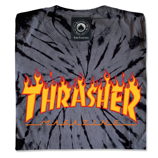 THRASHER - GIRLS FLAME LOGO TIE DYE TEE - BLACK/GREY