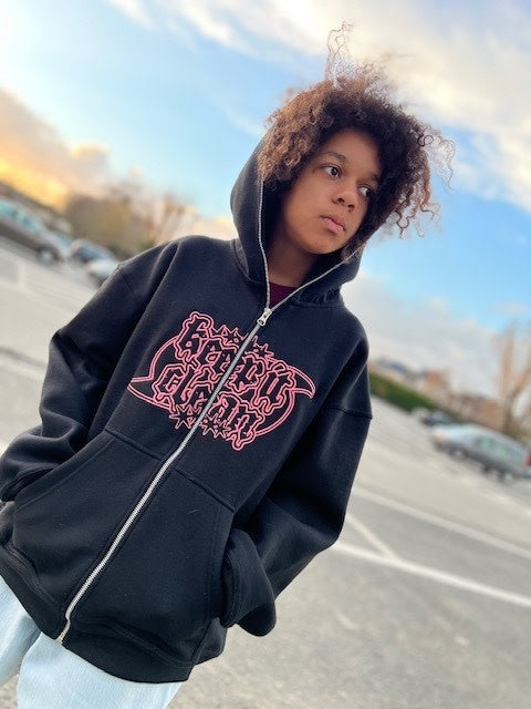 KEEP IT CLEAN - 6 POINT STARS FULL ZIPPER HOOD - BLACK/CHERISE