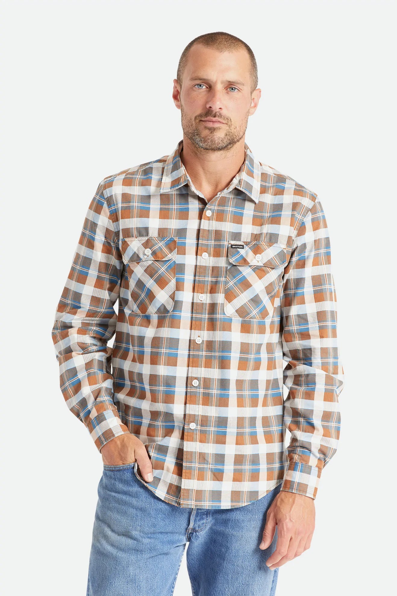 BRIXTON - BOWERY SUMMER WEIGHT L/S WVN - BLUE/ORANGE