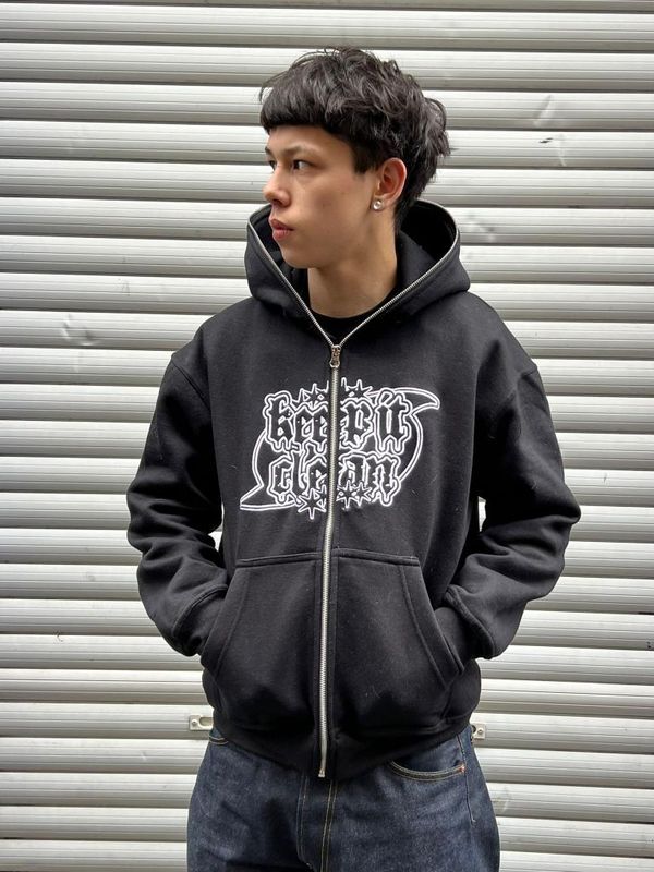KEEP IT CLEAN - 6 POINT STARS FULL ZIPPER HOOD - BLACK/WHITE