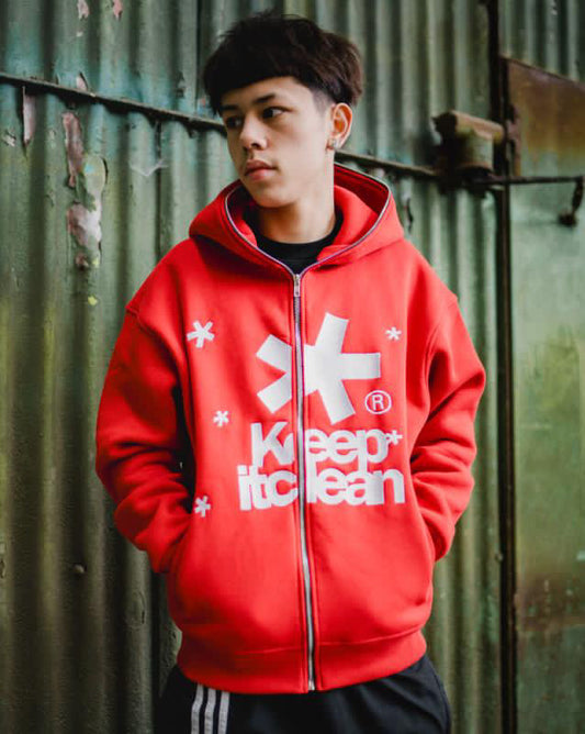 KEEP IT CLEAN - FULL ZIPPER HOOD - RED/WHITE