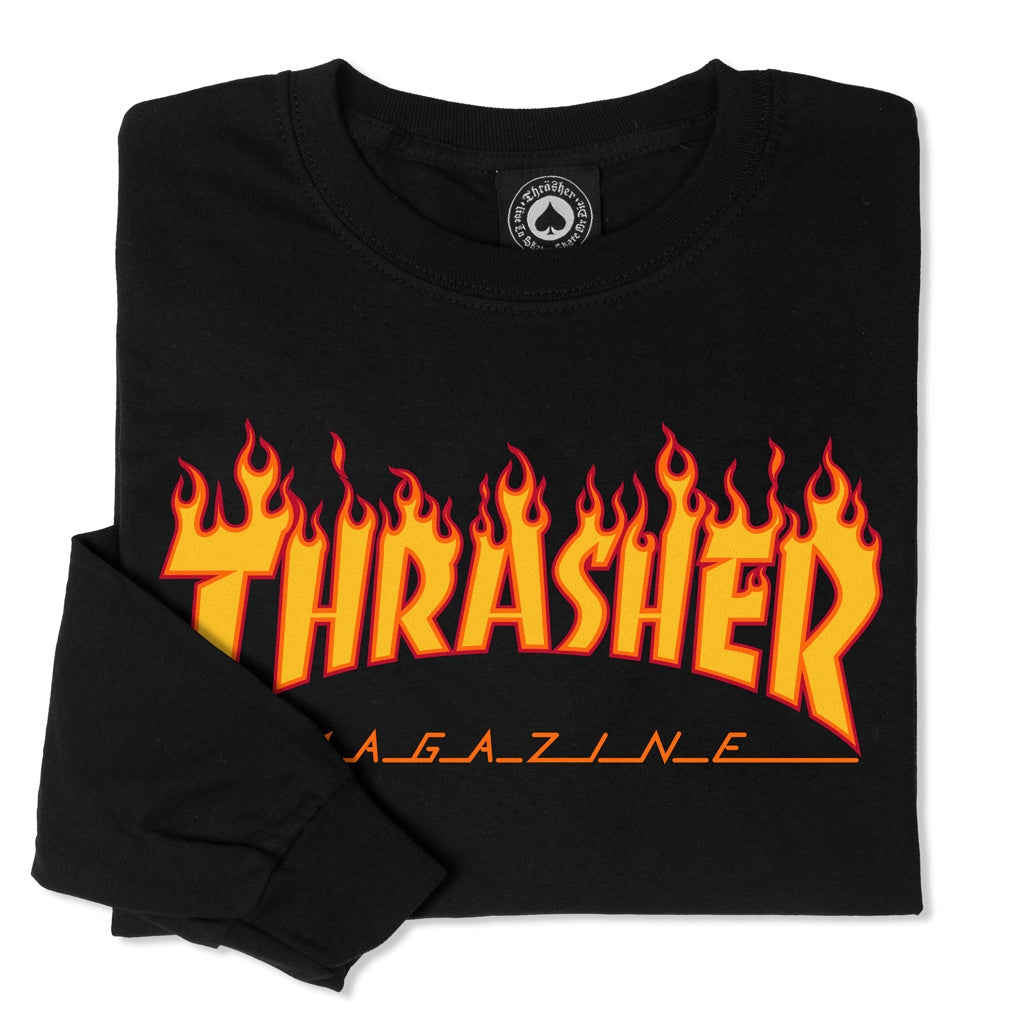 THRASHER - FLAME LOGO LONG SLEEVE - BLACK
