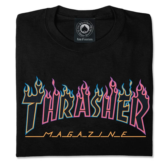 THRASHER - DOUBLE FLAME NEON TEE - BLACK